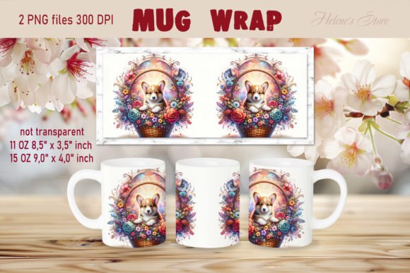 Corgi Dog in Flowers Basket Mug Wrap PNG for Crafts
